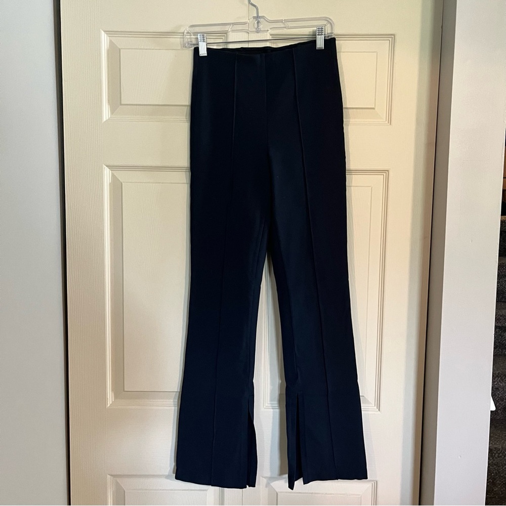 Athleta Navy Blue Slit Bottom Boot Cut Flare Pleated Trouser Pants
